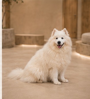 店内でお座りするサモエド犬