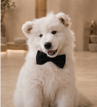蝶ネクタイをつけたサモエドの子犬